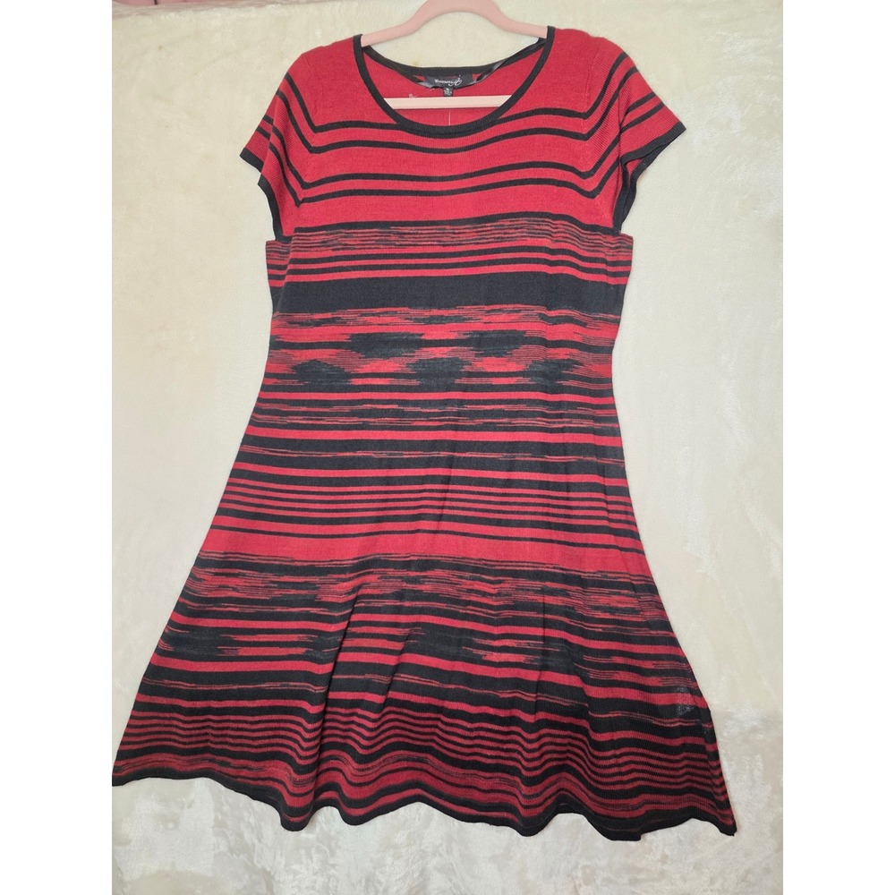 Wardrobe A Womens XL Red Black Striped Knit Fit‎ & Flare Dress Short Sleeve
